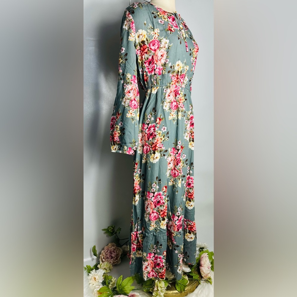 Floral Tie-Neck Maxi Dress - Dusty Teal - Picture 2 of 6